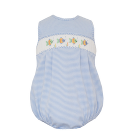 Petit Bebe Blue Knit Stripe Sunbubble with Smock Fish