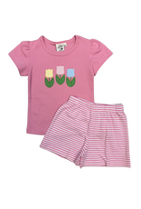 Luigi Pink Applique Tulip Stripe Short Set