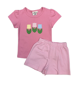 Luigi Pink Applique Tulip Stripe Short Set