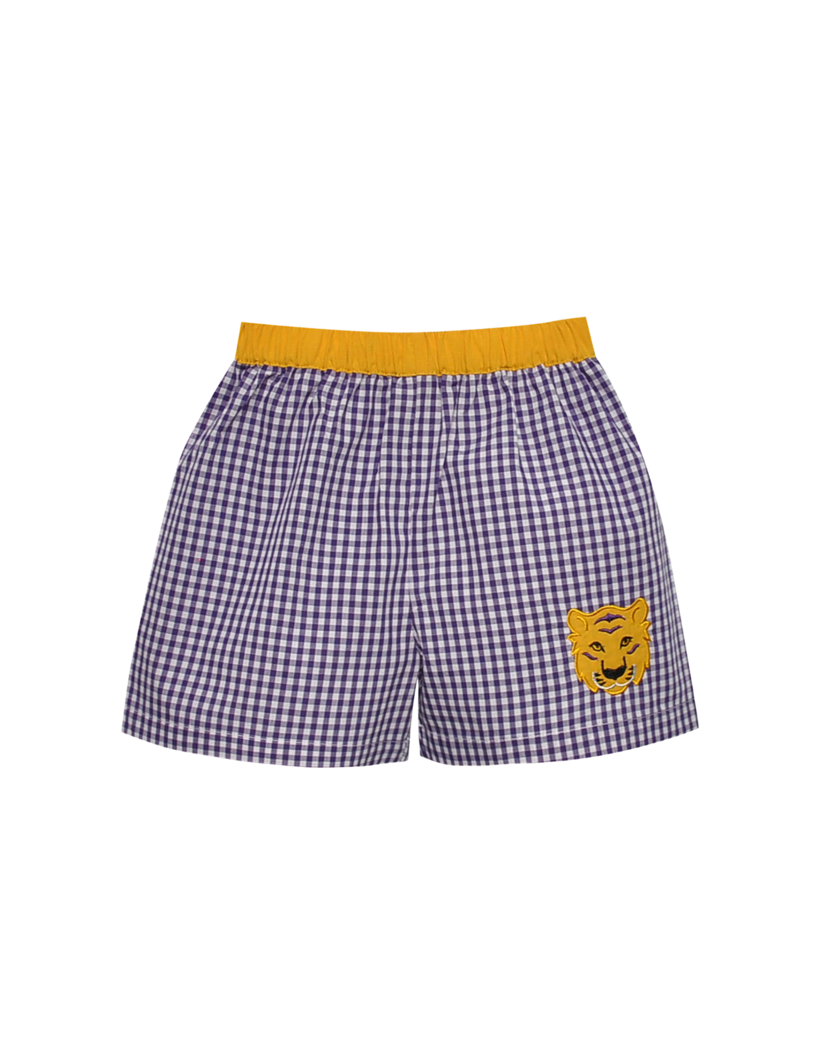 Southern Saturday Tiger Applique Purple/Gold Gingham Shorts
