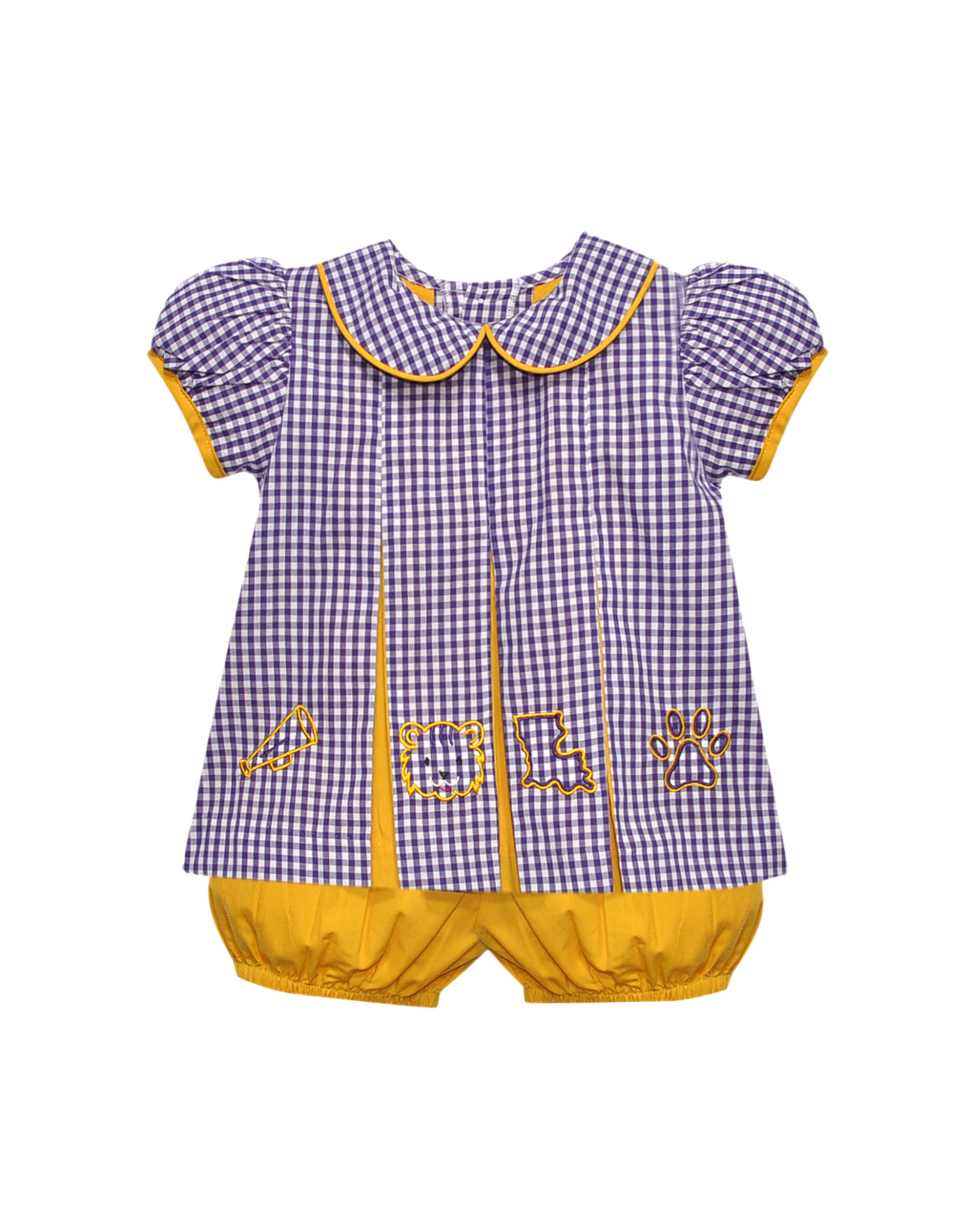 Southern Saturday LSU 4 Logos Purple/Gold Gingham Pleat Bloomer Set