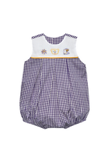 Southern Saturday Embroidered LSU Purple Gingham Pleat Girl Bubble
