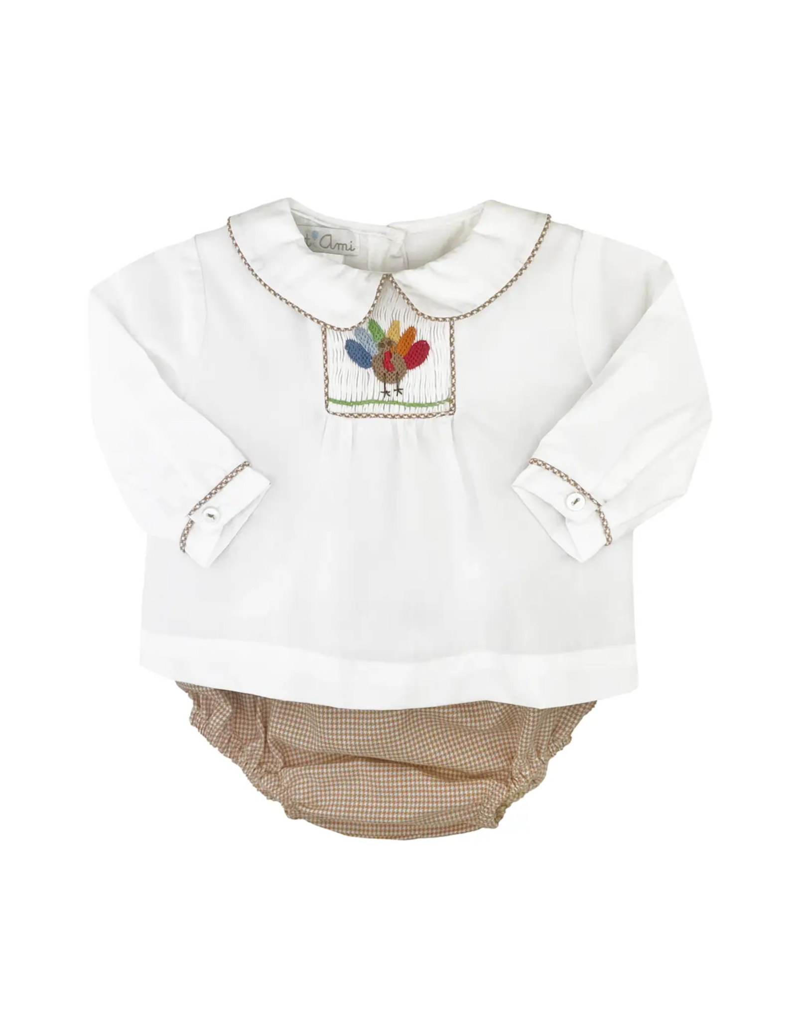 Petit Ami Boy Turkey Smock Brown Houndstooth Diaper Set