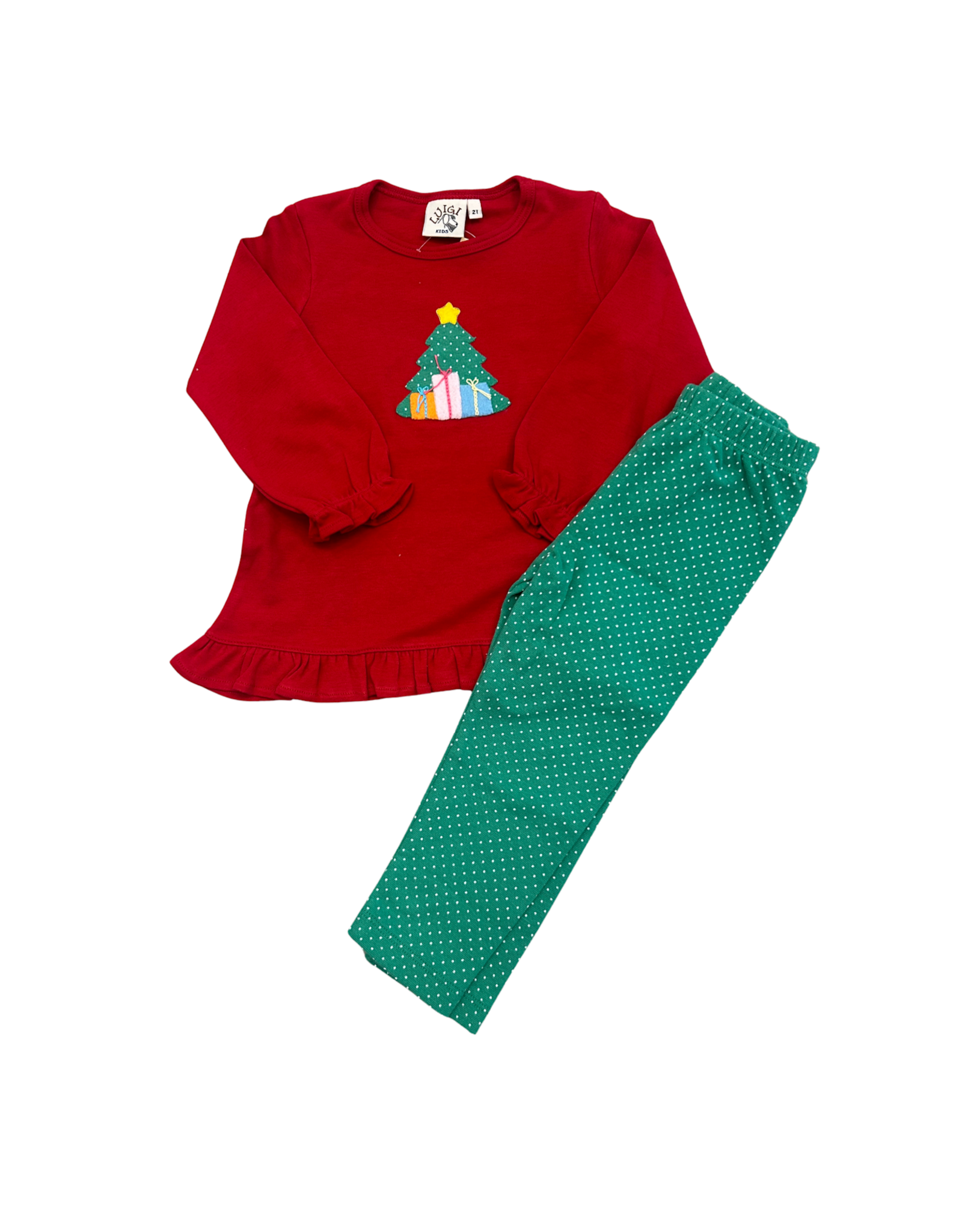 Luigi Red Ruffle Swing Top, X-mas Tree w/ Presents Legging Set