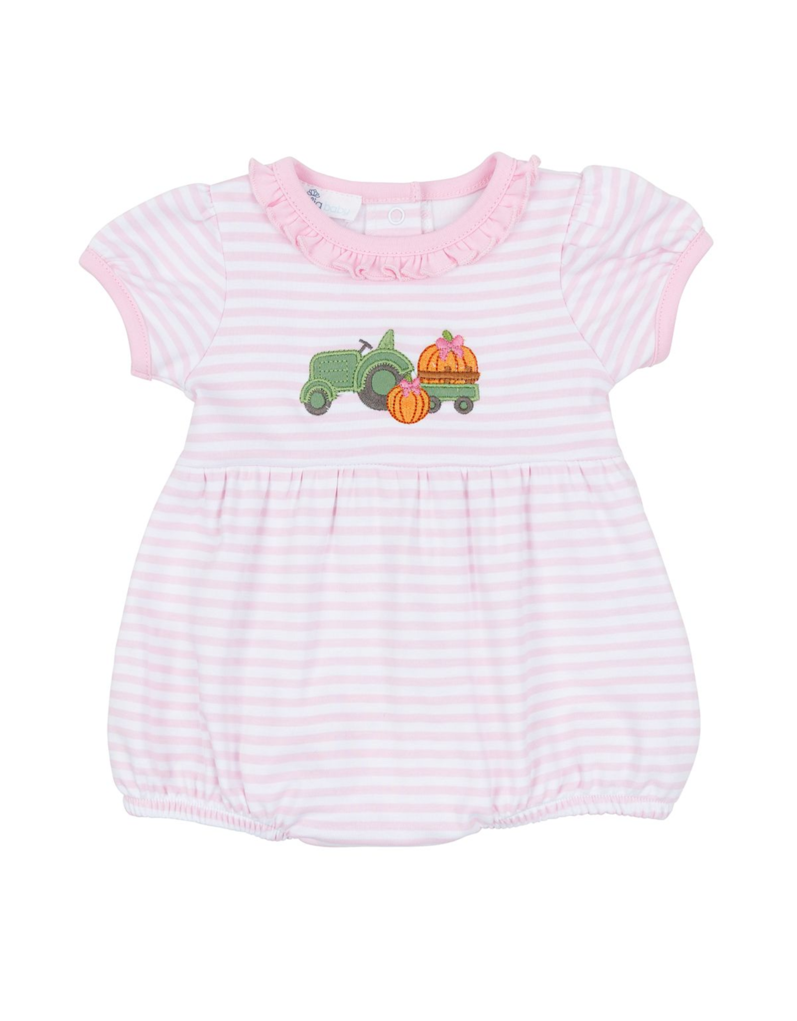 Magnolia Baby Pumpkin Tractor Applique Ruffle Bubble, Pink Stripe