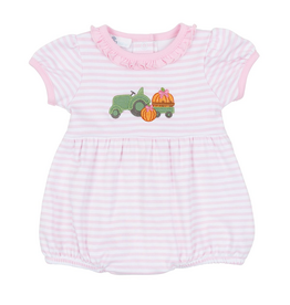 Magnolia Baby Pumpkin Tractor Applique Ruffle Bubble, Pink Stripe