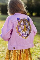 Blended Spirit Sequin Tiger Face Lavender Denim Jacket