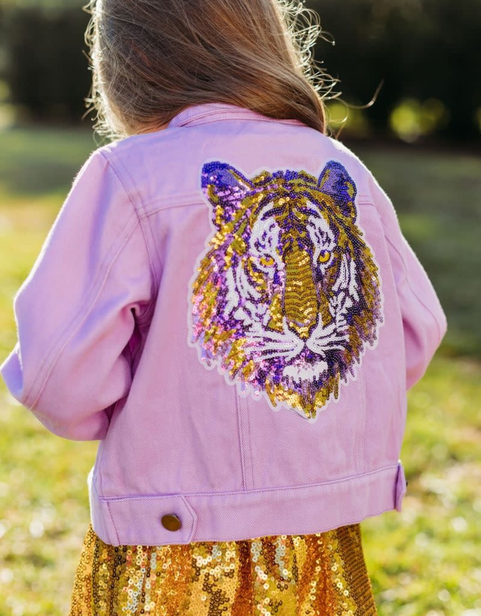 Blended Spirit Sequin Tiger Face Lavender Denim Jacket