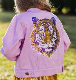 Blended Spirit Sequin Tiger Face Lavender Denim Jacket