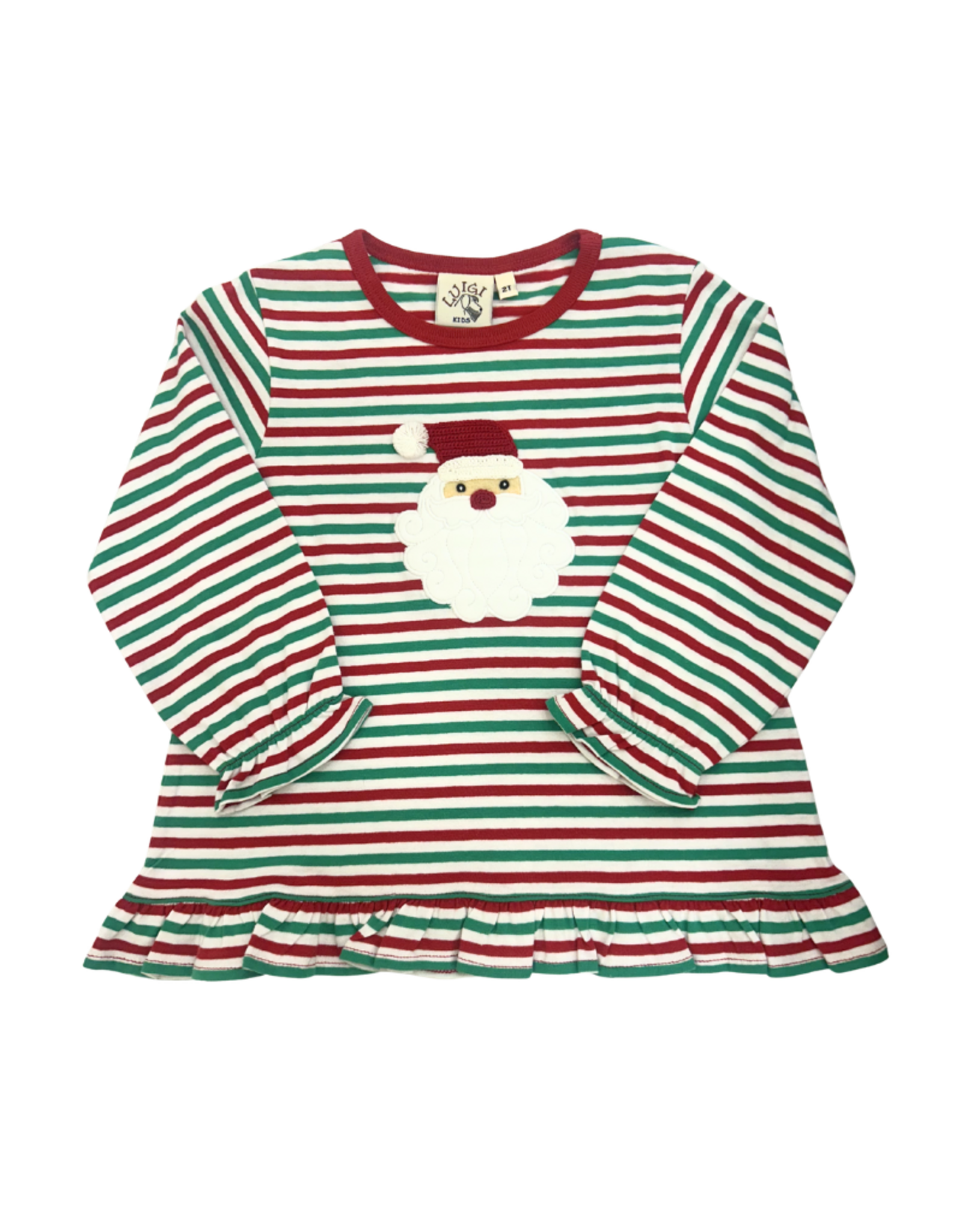 Luigi White/Green Stripe LS Girl Ruffle Santa Tee
