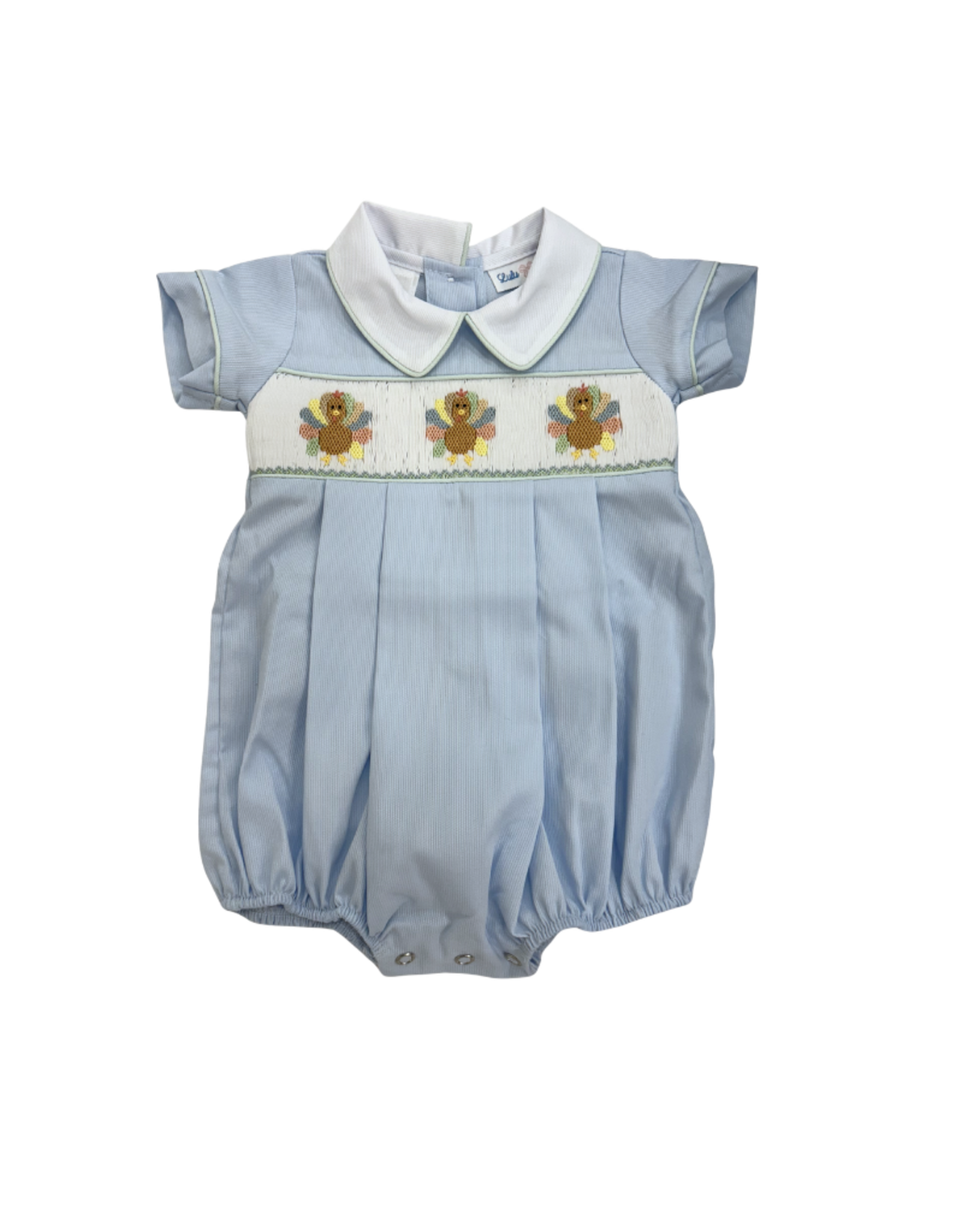 Lulu Bebe LLC Smocked Turkey Bubble with Collar, Blue