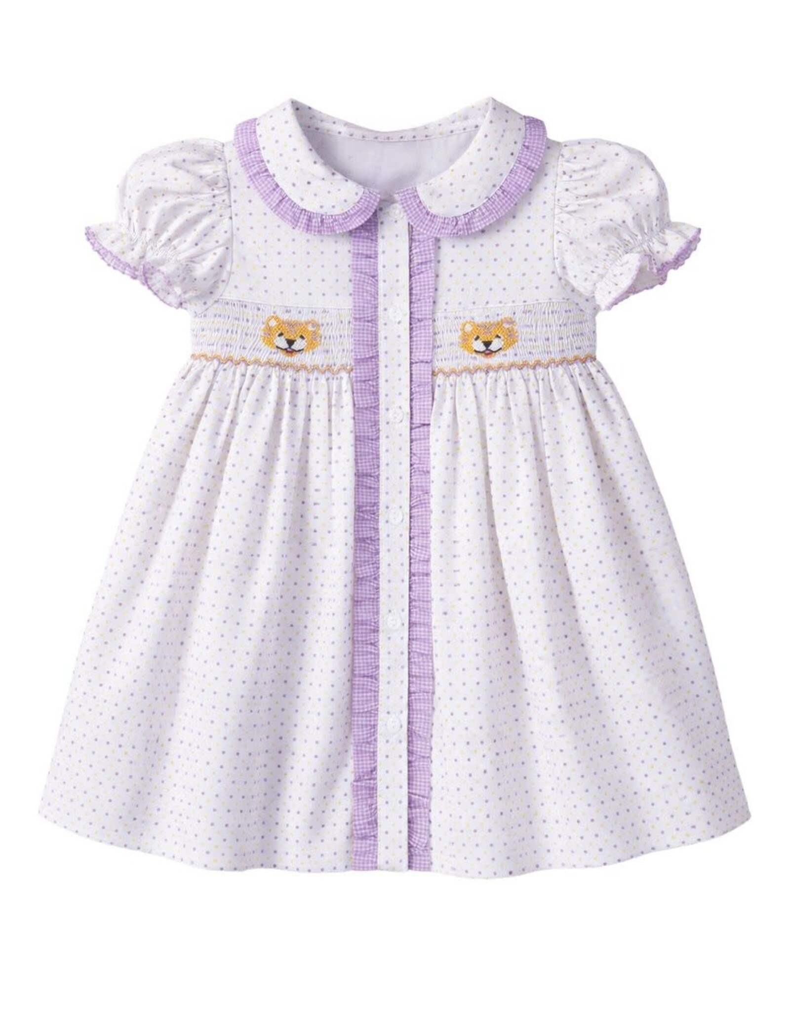 Krewe Kids Ruby Smocked Dress, Purple Bitty Dot Tiger