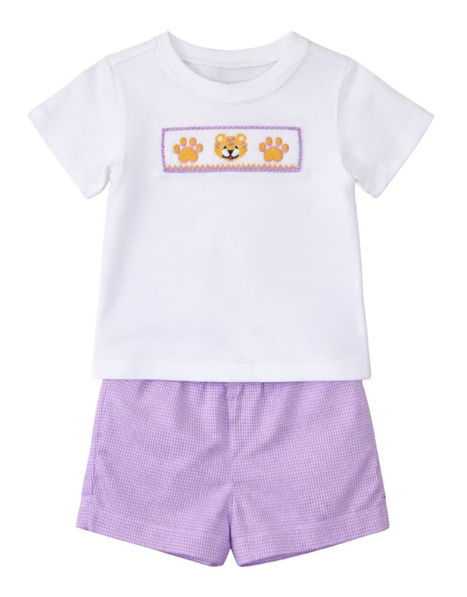 Krewe Kids Ollie Smocked Short Set, Purple Gingham Tiger