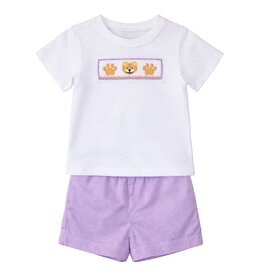 Krewe Kids Ollie Smocked Short Set, Purple Gingham Tiger