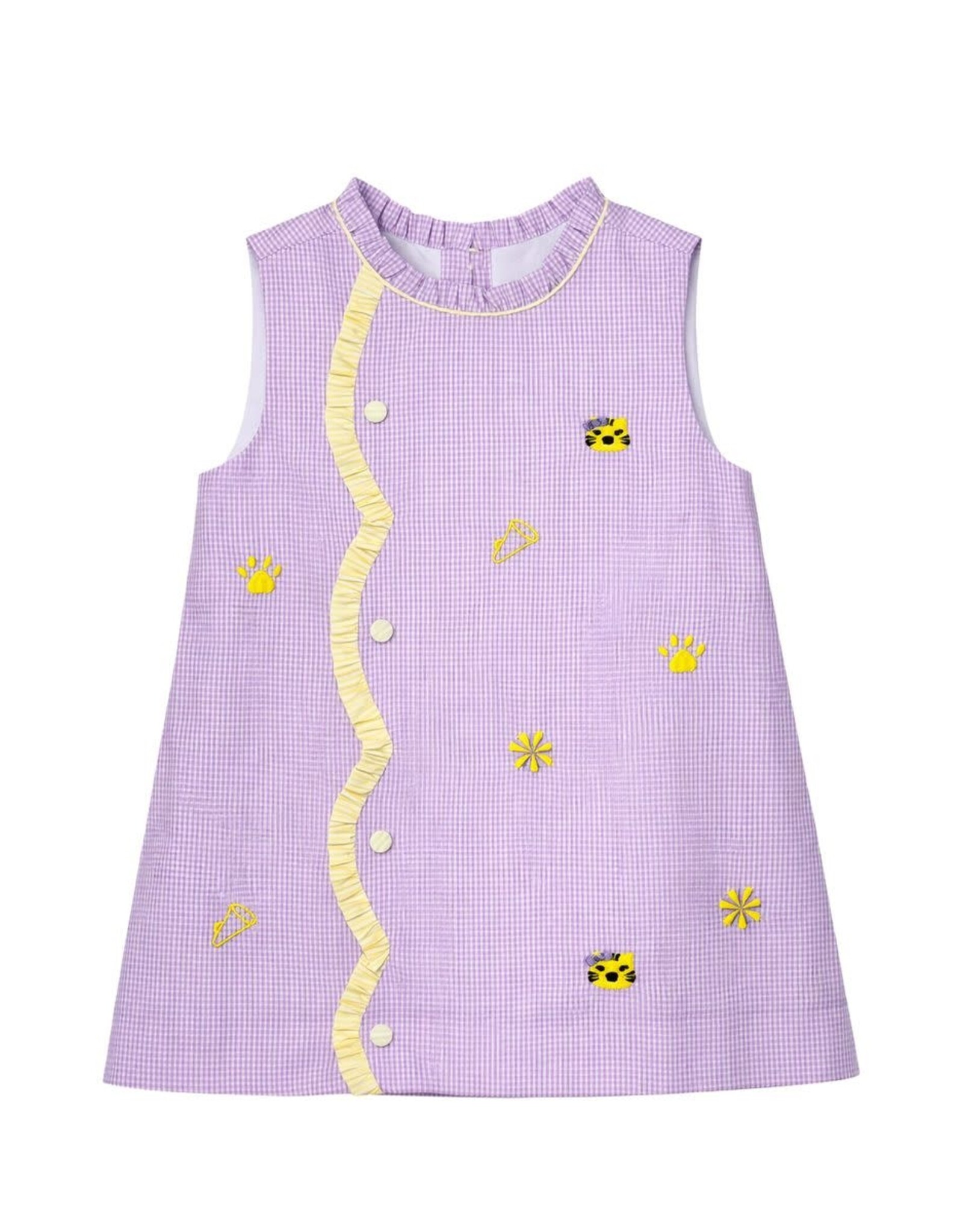 Krewe Kids Claire Scallop Dress, All Over Embroidery Purple Tigers