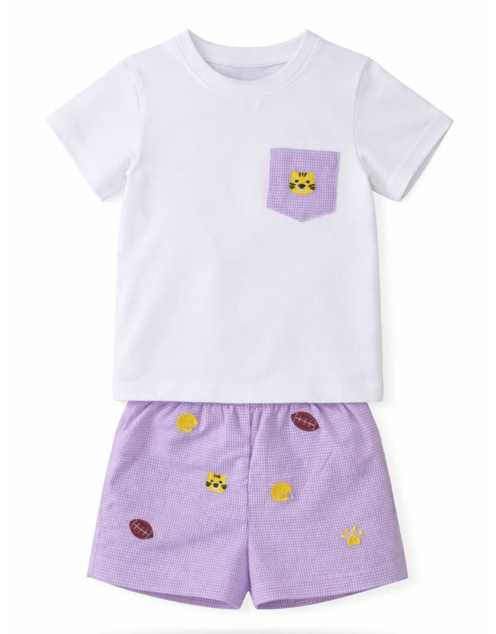 Krewe Kids Stephen Pocket Short Set, All Over Embroidery Purple Tigers