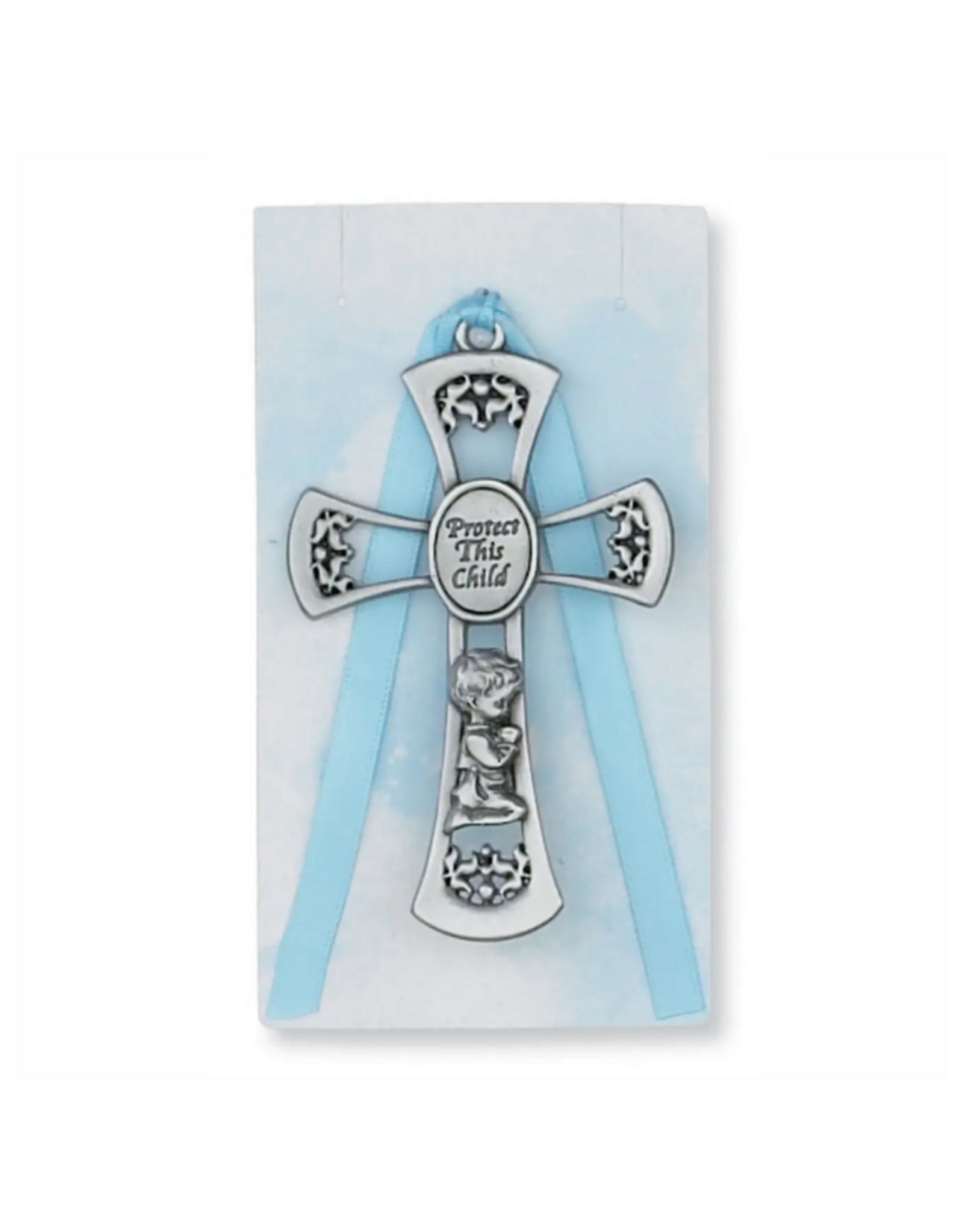 Baby Boy Crib Cross W/Blue Ribbon