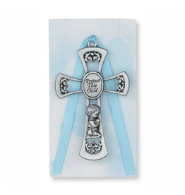 Baby Boy Crib Cross W/Blue Ribbon