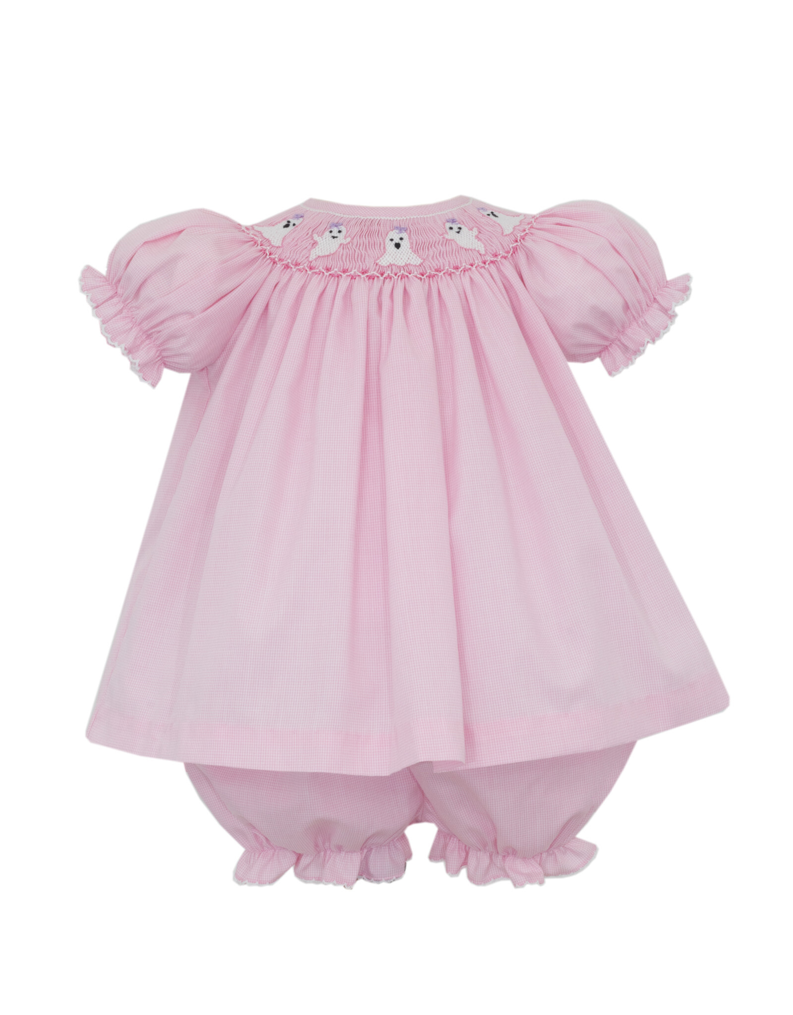 Petit Bebe Pink Microcheck Bishop BLoomer Set, Ghost