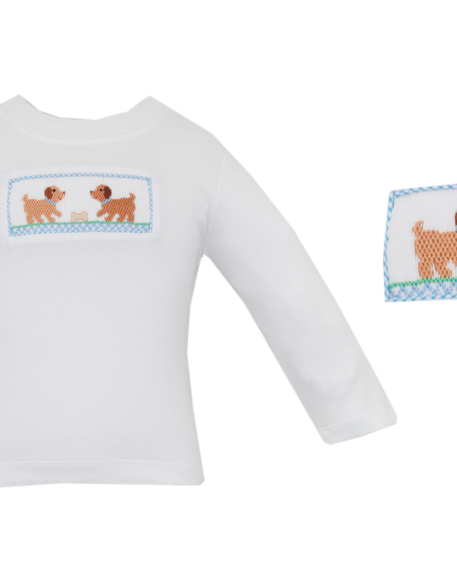 Petit Bebe Lt Blue Check Puppies Smock Pant Set