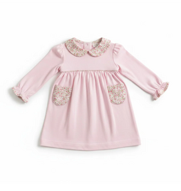 Petit Bebe Pink Knit LS Dress w/ Pink Floral Collar and Pockets