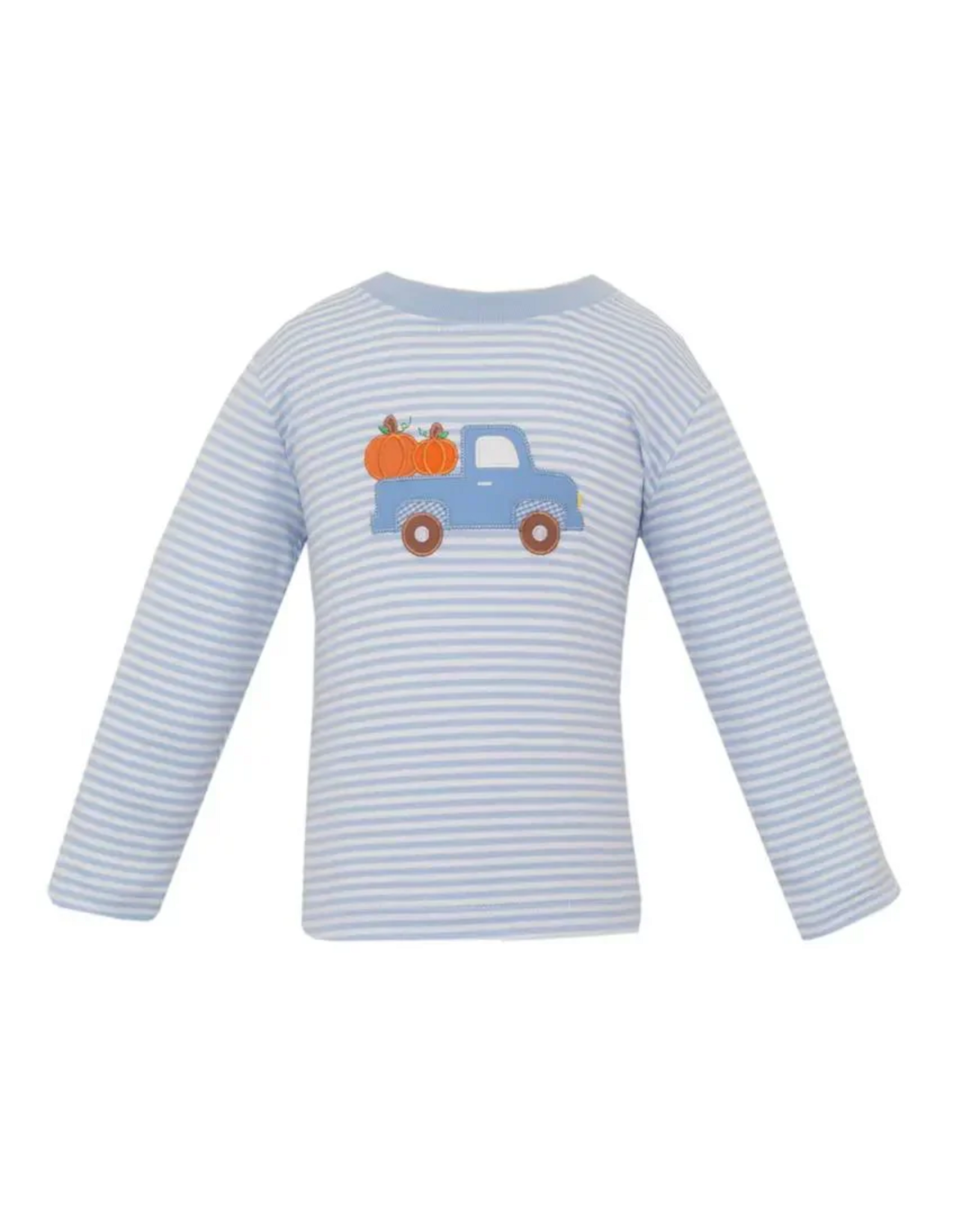 Claire and Charlie Pumpkin Truck Lt Blue Stripe LS T-Shirt
