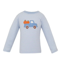 Claire and Charlie Pumpkin Truck Lt Blue Stripe LS T-Shirt