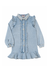 Three Wildflower Designs Denim Ruffle LS Gem Button Dress