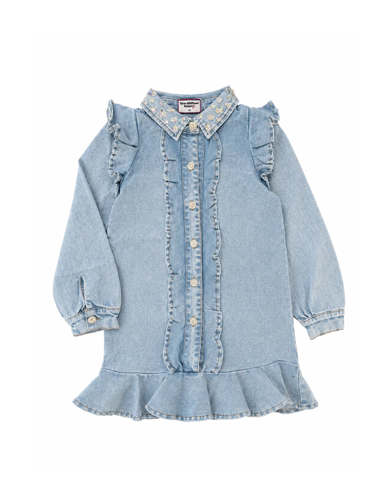 Three Wildflower Designs Denim Ruffle LS Gem Button Dress