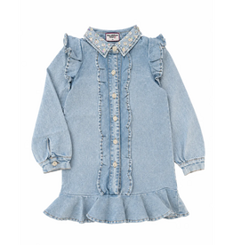 Three Wildflower Designs Denim Ruffle LS Gem Button Dress