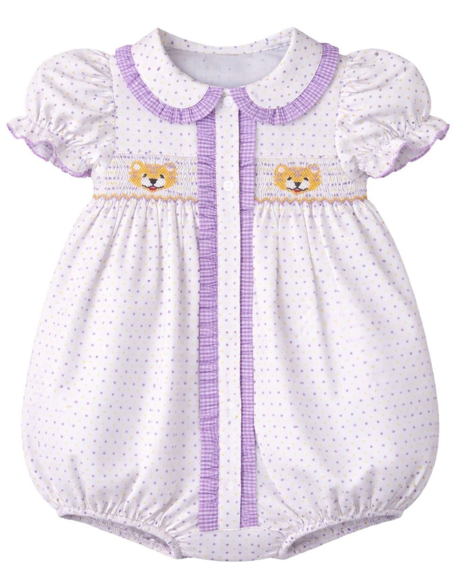 Krewe Kids Ruby Smocked Bubble, Purple Bitty Dot Tiger