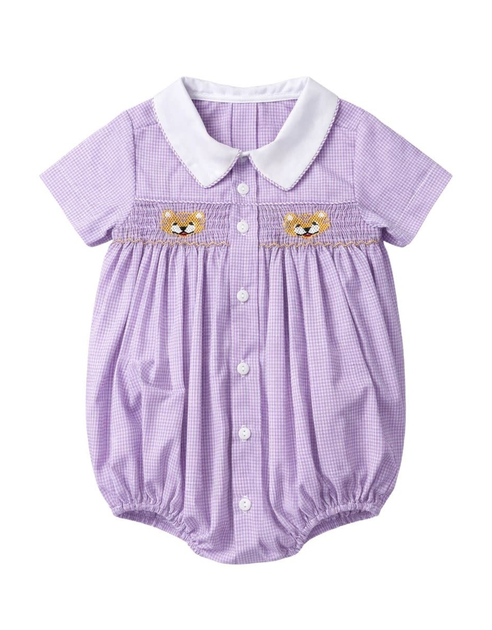 Krewe Kids Miller Smocked Bubble, Purple Gingham Tiger