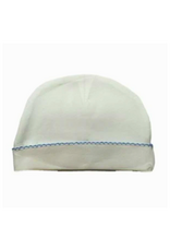 White Layette Hat With Blue Picot Trim