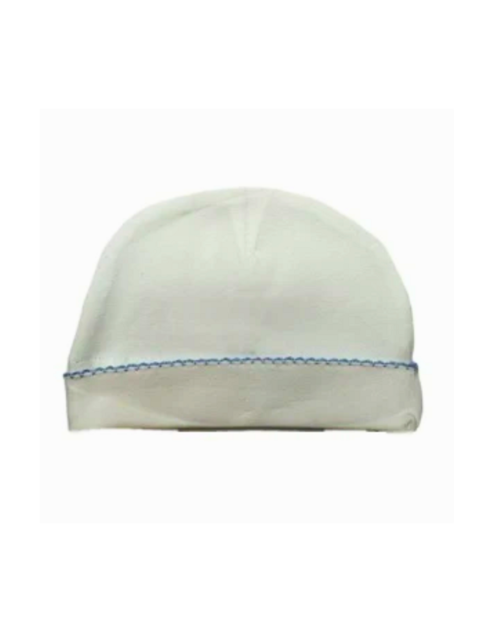 White Layette Hat With Blue Picot Trim