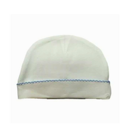 White Layette Hat With Blue Picot Trim