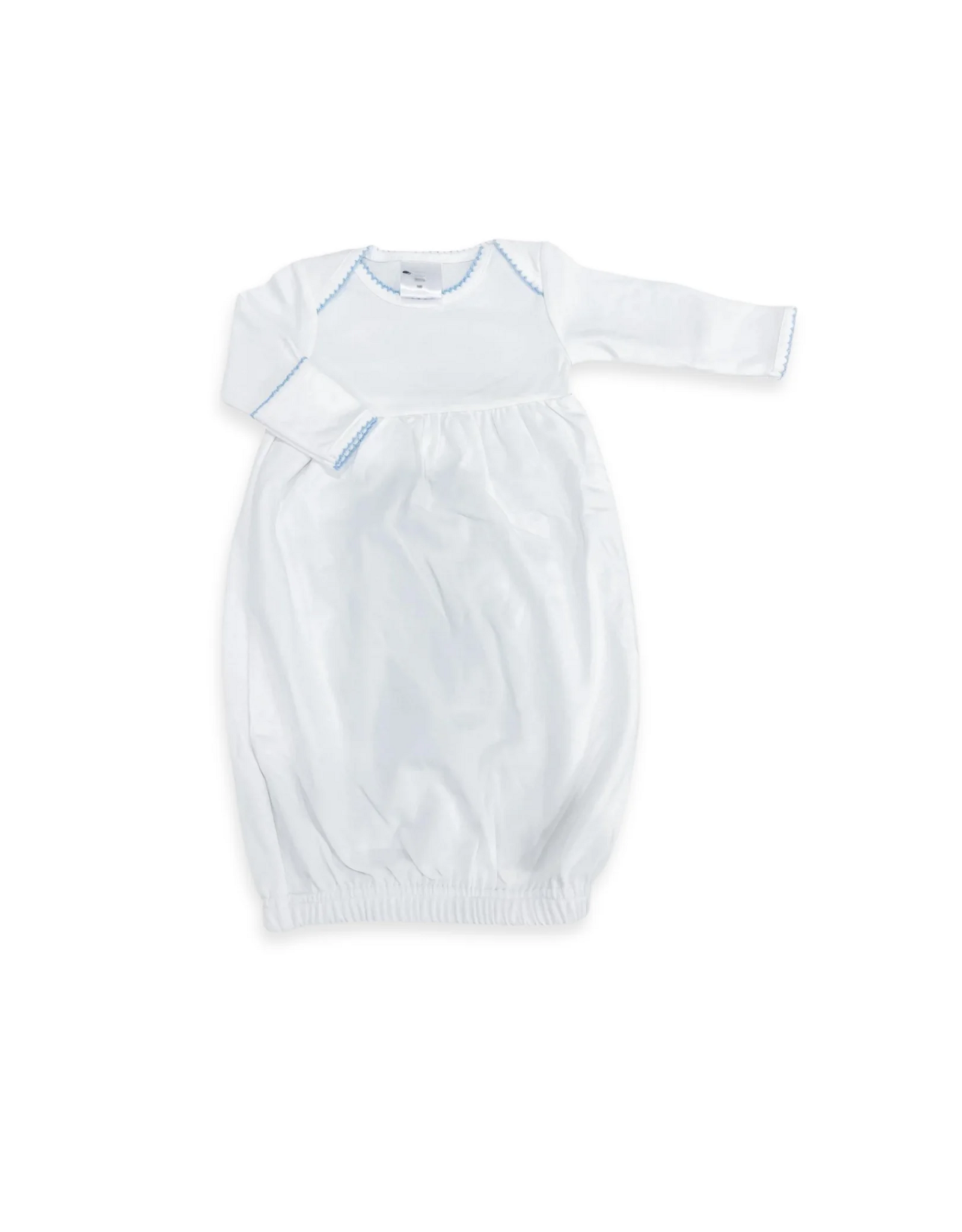 White Yoke Front LS Day Gown, Blue Picot Trim