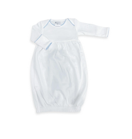 White Yoke Front LS Day Gown, Blue Picot Trim