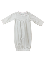 White Yoke Front LS Day Gown, Pink Picot Trim