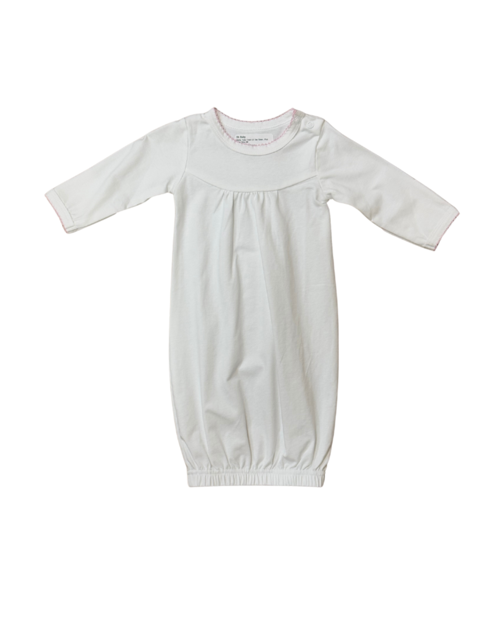White Yoke Front LS Day Gown, Pink Picot Trim