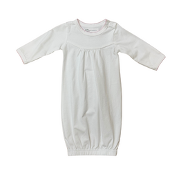 White Yoke Front LS Day Gown, Pink Picot Trim