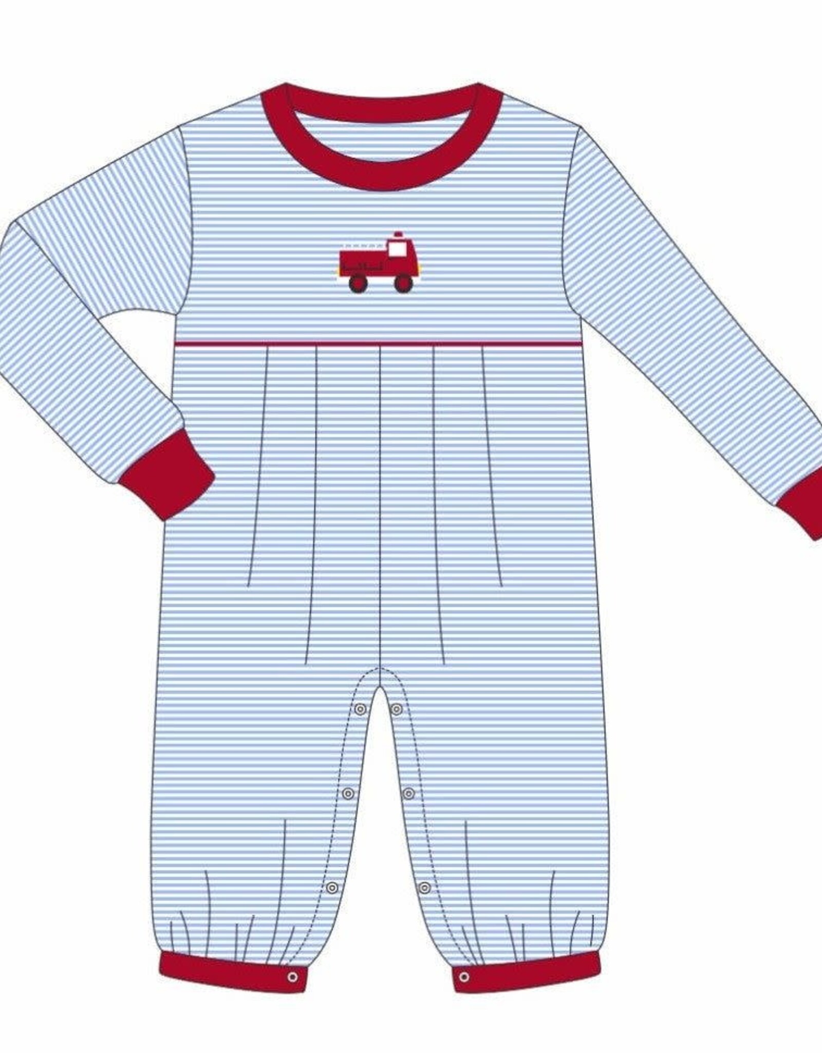 Itsy Bitsy Blue/White Stripe w/ Red Firetruck Romper