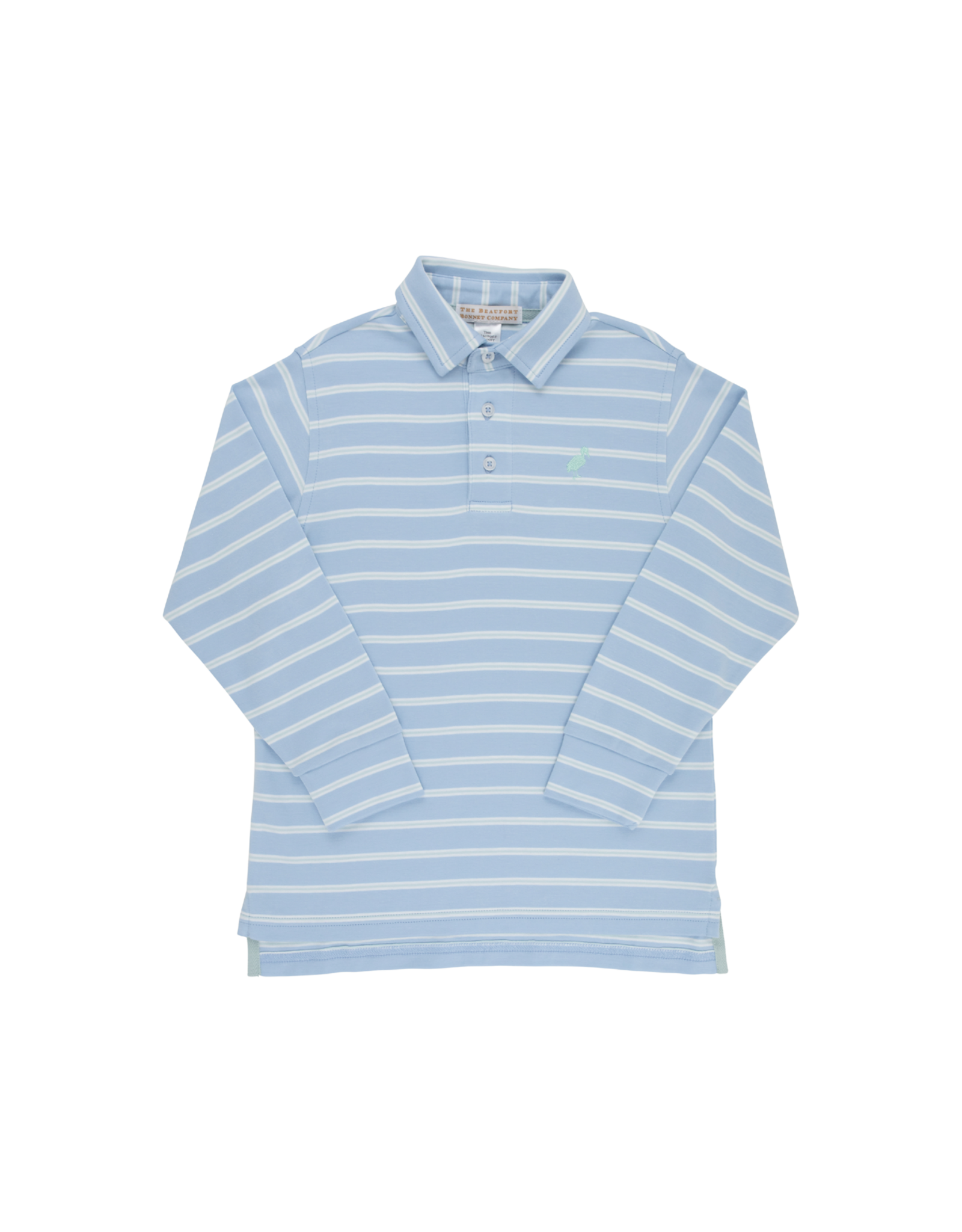 The Beaufort Bonnet Company Prim and Proper Polo LS- Sarasota Sky /Old Greenwich Green Stripe