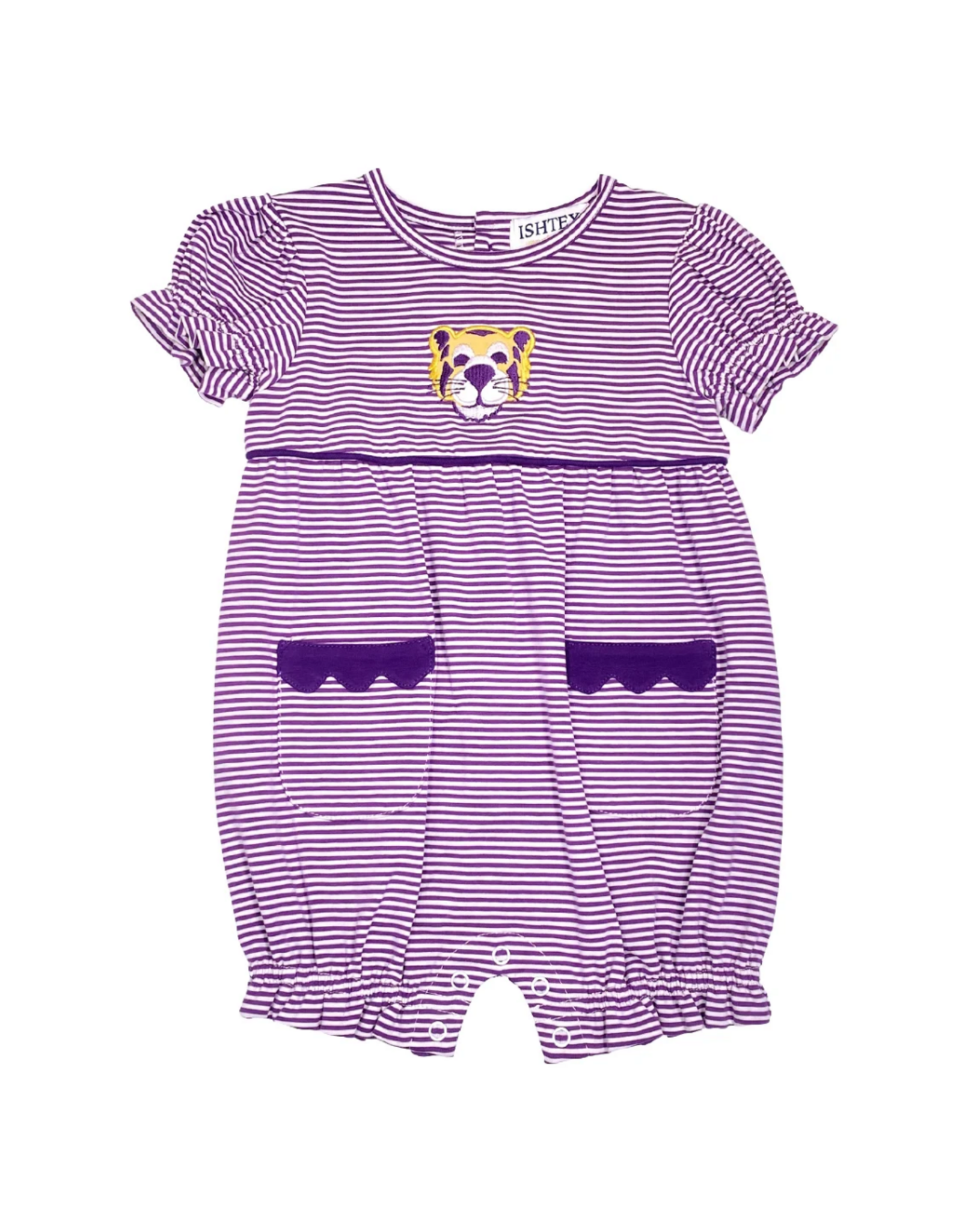 Ishtex Yellow Tiger Girls Romper, Purple Stripe