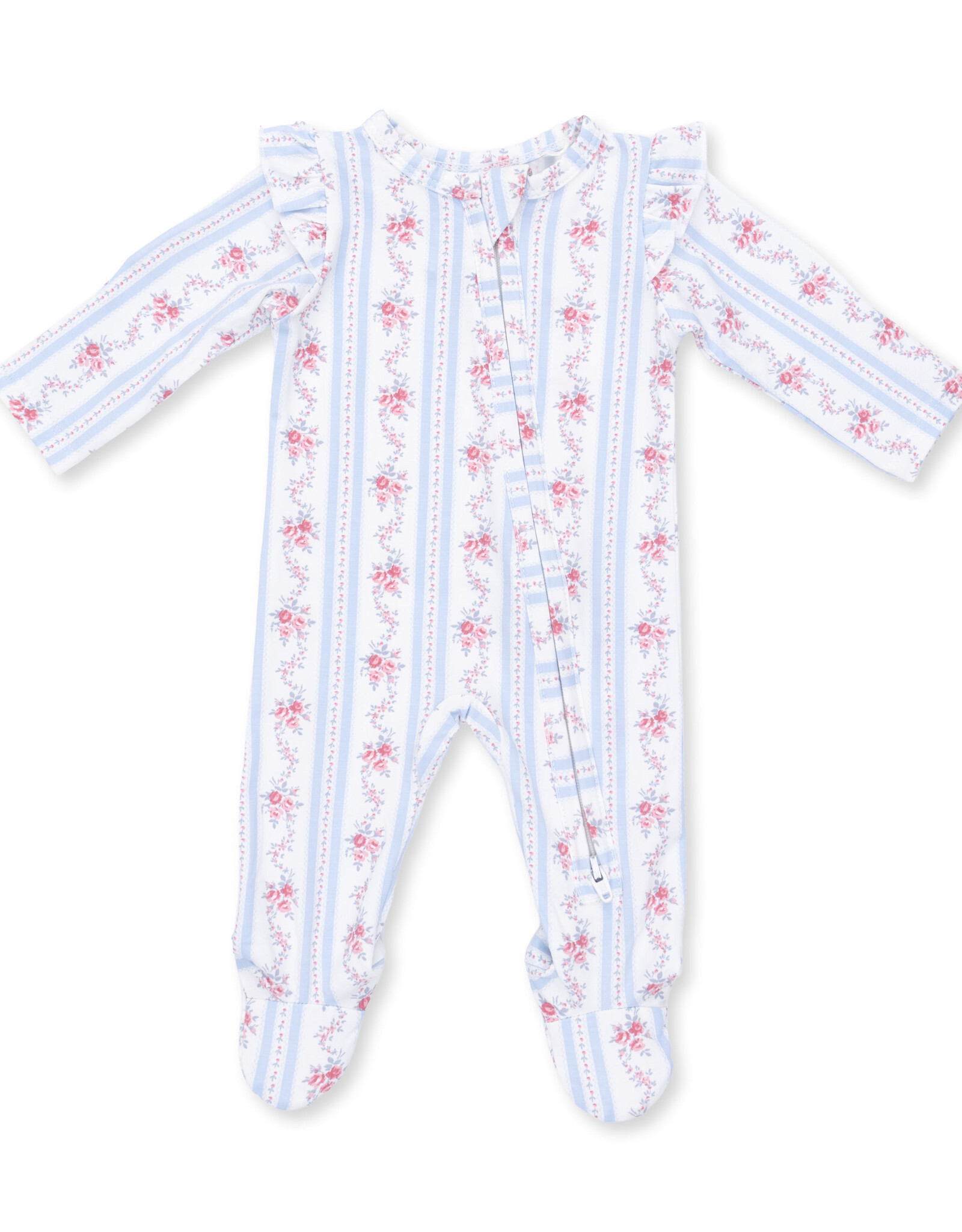Angel Dear Anna Floral Stripe - 2 Way Ruffle Sleeve Zipper Footie