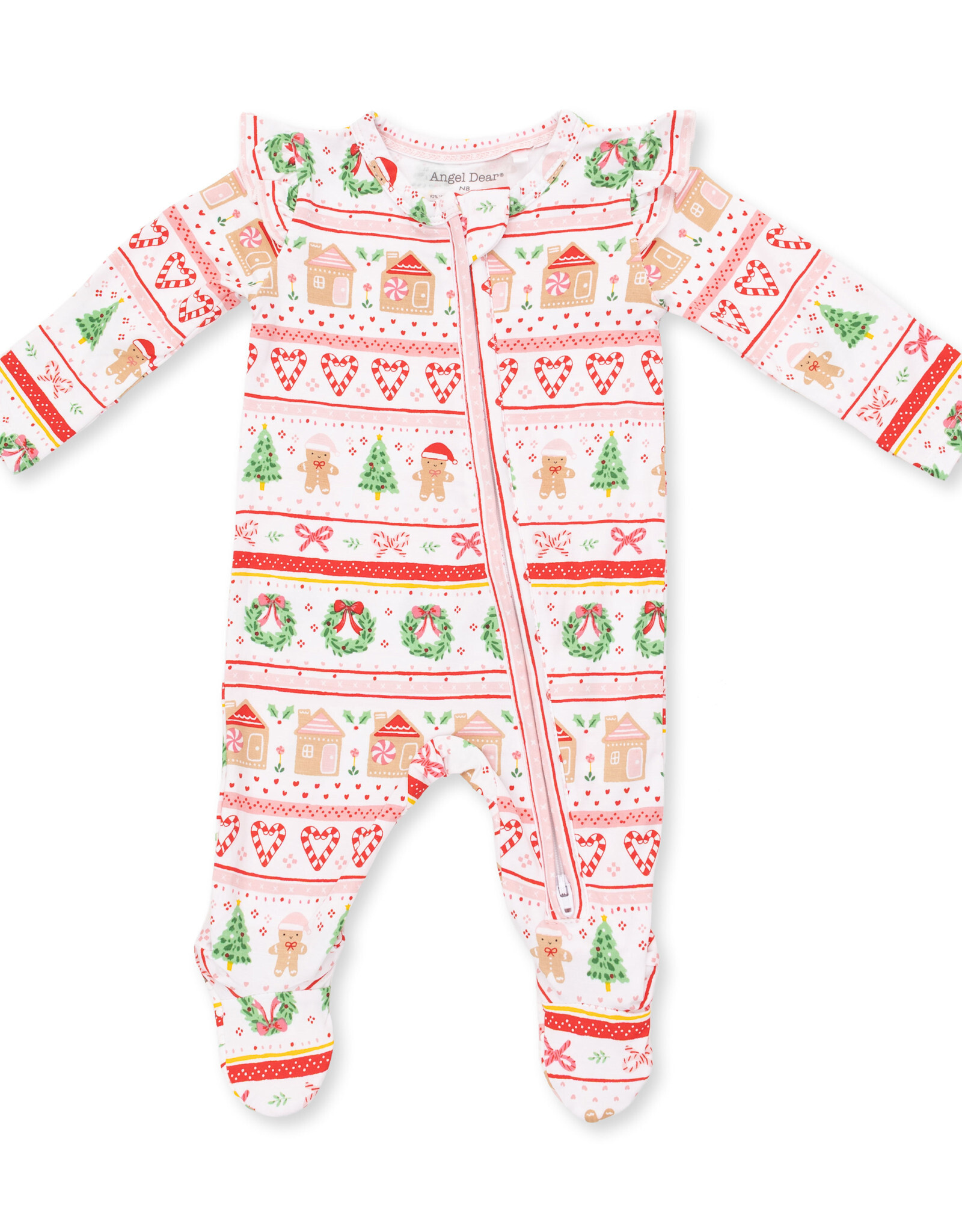 Angel Dear Gingerbread Fair Isle Pink, 2 Way Ruffle Sleeve Zipper Footie