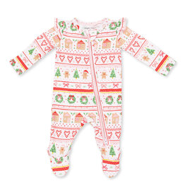 Angel Dear Gingerbread Fair Isle Pink, 2 Way Ruffle Sleeve Zipper Footie