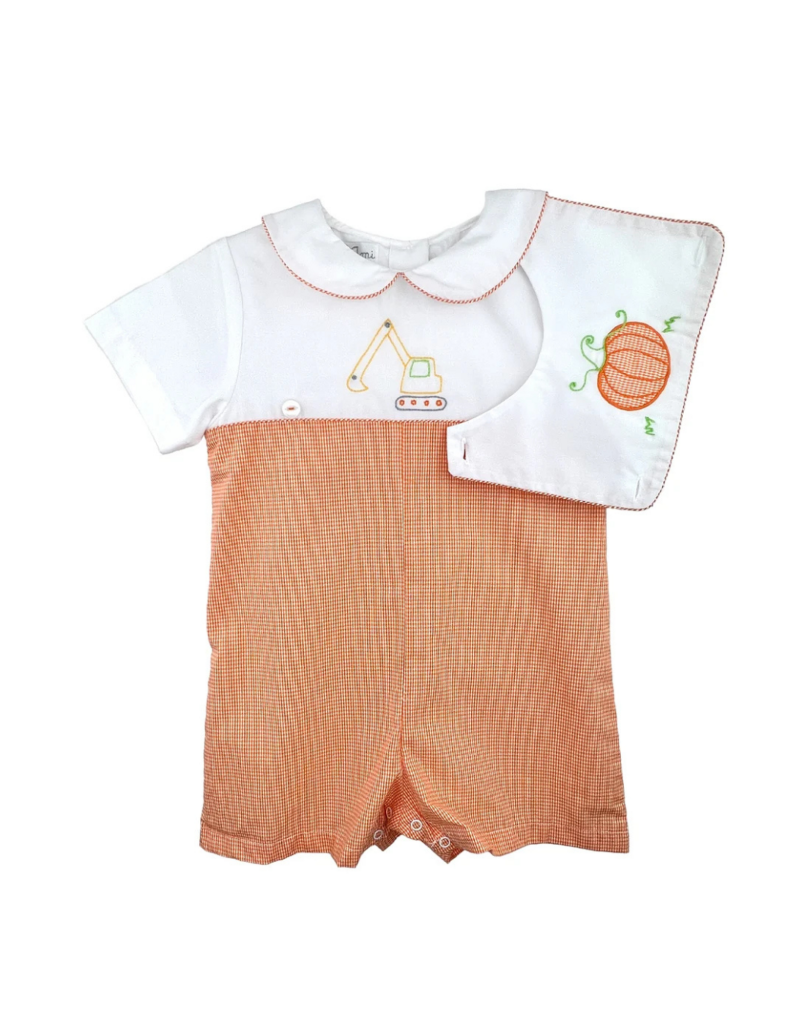 Petit Ami Construction Romper w/ Removable Pumpkin Bib