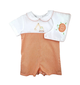 Petit Ami Construction Romper w/ Removable Pumpkin Bib