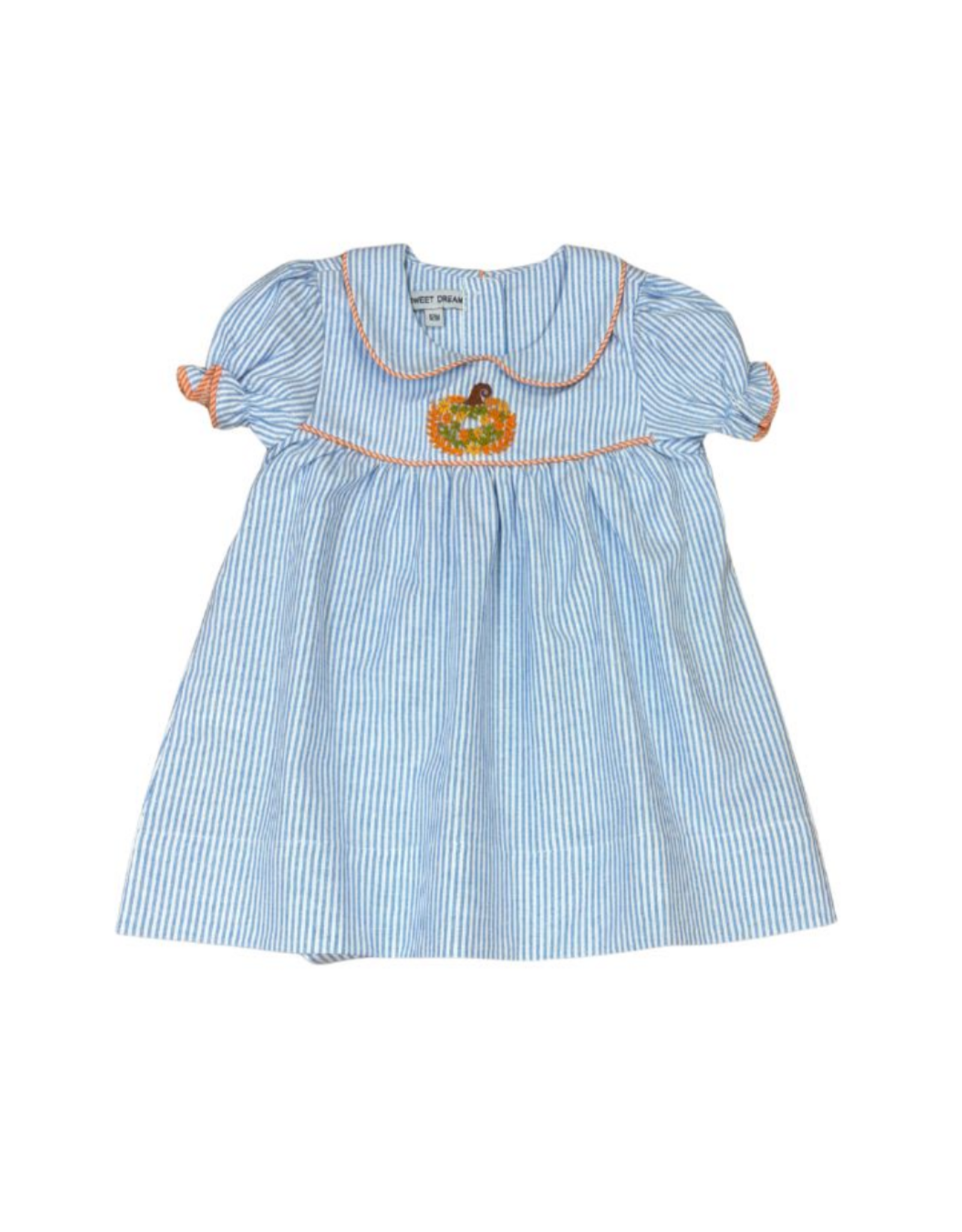 Sweet Dreams Blue Stripe Dress, Emb Pumpkin