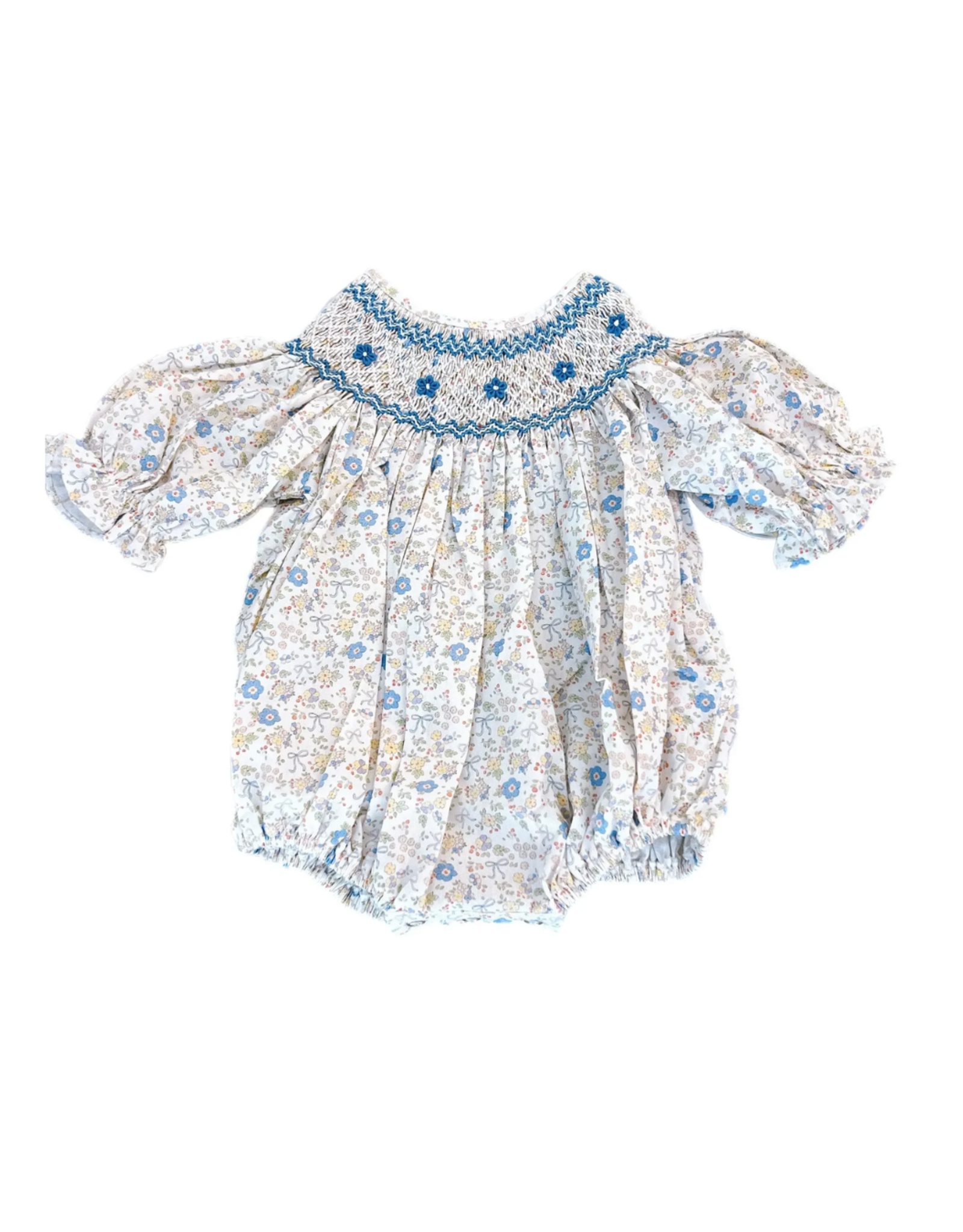 Sweet Dreams Ashley Blue Bow Floral Print Smocked Bubble